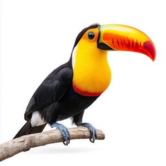 Fototapeta premium Vibrant toucan with colorful beak perched on branch against isolated white background