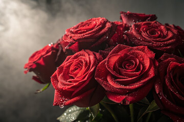Dramatic high contrast red rose bouquet with water droplets, perfect for presentations