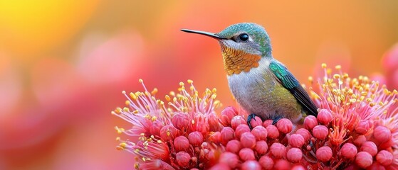 Fototapeta premium Hummingbird Feeding From Vibrant Red Flower with Blurred Motion