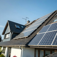 Fototapeta premium Solar Panels on Roof for Clean Energy