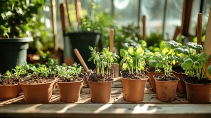 Inside a greenhouse, neatly organized gardening tools and rows of young seedlings, 24mm lens providing depth and even natural lighting 