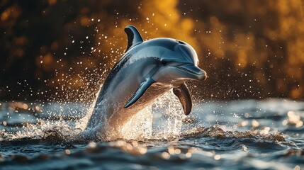 Obraz premium Playful Dolphin Leaping Out of Turquoise Ocean Waters Under Bright Sunny Sky