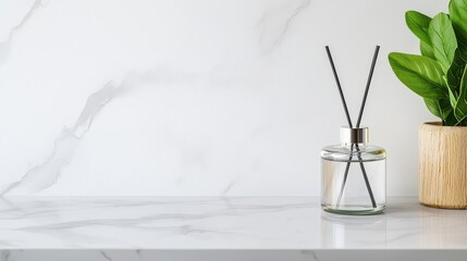 Minimalist glass diffuser set on a marble countertop with decorative plant in a modern interior setting