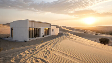 Modern architectural marvel in desert landscape at sunset