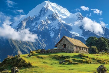 Mountain Hut, Sunny Meadow, Snowy Peak, Scenic View