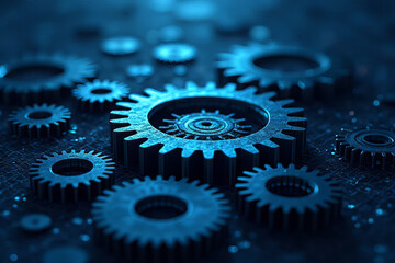 Close up of metallic gears in blue light, showcasing intricate details and textures