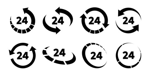 Black 24 hours sign circle icon set in flat design collection