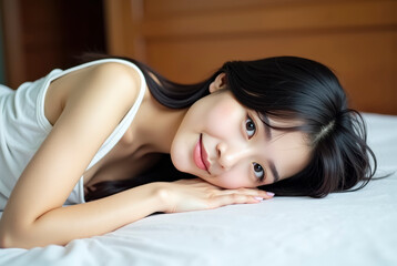 Naklejka premium Young woman lying in bed