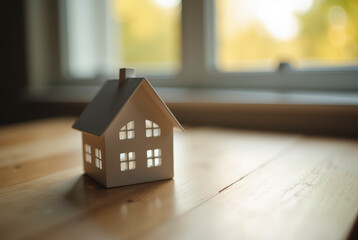 House model on wooden table near window