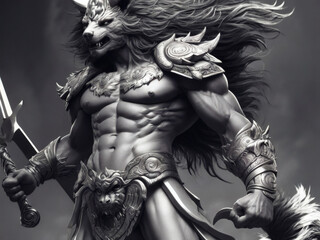 Fototapeta premium Epic Warrior Sculpture Depicting a Mythical Beast, A powerful sculpture of a muscular warrior with a wolf head, perfect for fantasy art enthusiasts.
