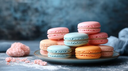 Freshly baked pastel macarons arranged artfully on a smooth plate in a cozy bakery setting
