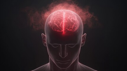sinus pain and pressure with medication concept. Abstract representation of a human head with glowing brain activity.