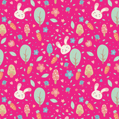 Scandinavian bunny and floral seamless print background. Cute spring rabbit pattern design for nursery posters postcards. Vector illustration.