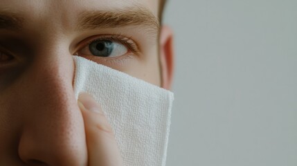 sinus pain and pressure with medication concept. Man applying skincare on his face with a white cloth in a close-up shot.