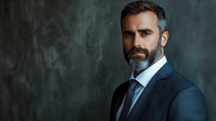 Handsome bearded businessman wearing watch, trendy suit and vest in modern studio against grey wall.