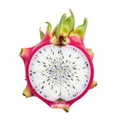 Close-up image of a sliced dragon fruit, showcasing its white flesh and black seeds against a cutout background.