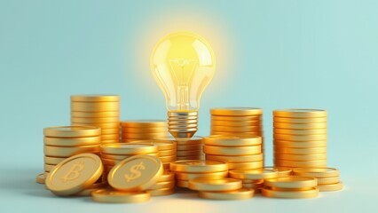 Stacks of coins, light bulb and increasing graph. Concept illustration for start up idea.