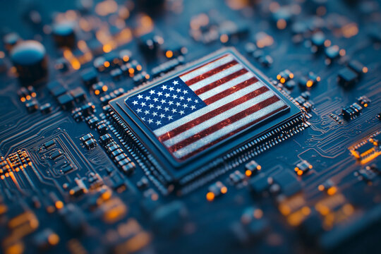 Flag of USA on a processor. Trade technology wars. AI wars. US firms have become the latest collateral damage in US-China tech war. US blocks sales of AI chips to China. AI