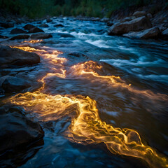 Flowing River with Light Reflection Long Exposure