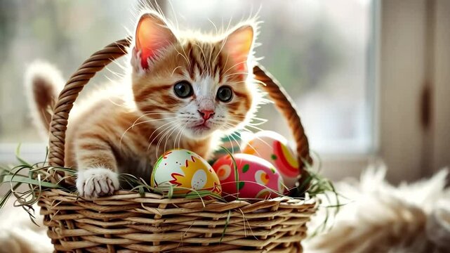 Cute cat in easter basket. Spring mood. 