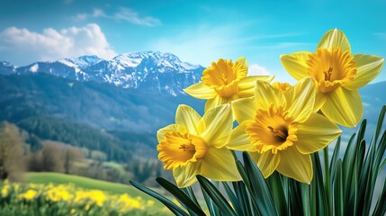 Fototapeta premium Vibrant daffodil bouquet set against a serene mountain backdrop showcasing nature's beauty in springtime