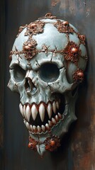 Fototapeta premium Decorative skull with intricate designs and metallic accents, set against a textured background