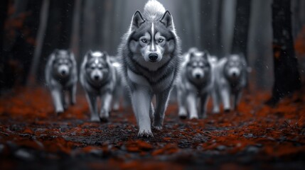 Majestic Huskies Walking Through Enchanted Forest in Autumn Light