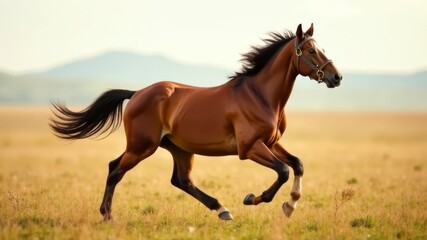 Fototapeta premium a brown horse runs across a field