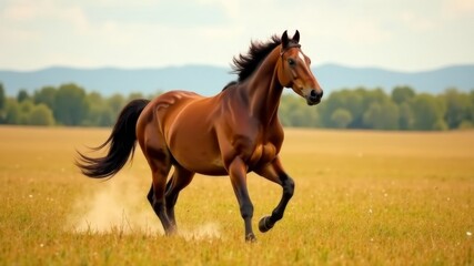 Obraz premium a brown horse runs across a field