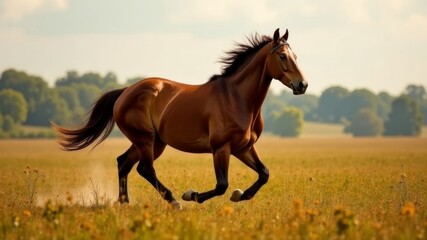 Obraz premium a brown horse runs across a field
