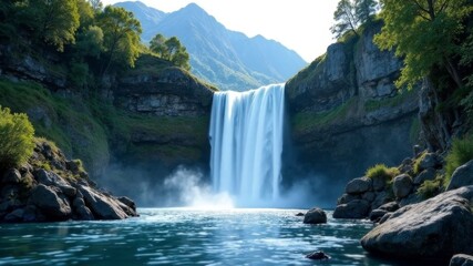 high waterfall in the mountains