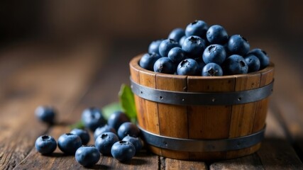 a wooden bucket full of blueberries stands on the table