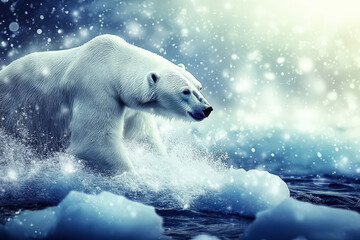 Fototapeta premium Polar bear strides powerfully through icy Arctic landscape