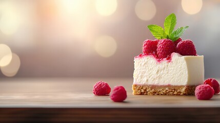 Piece of cheese with raspberries on top and a slice of raspberry cheesecake on a rustic wooden table