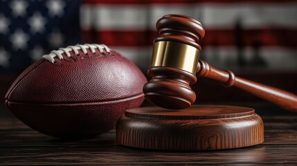 Wooden gavel on judges bench next to American football representing sports law and regulations in America