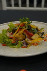 A Plate Fresh Greek vegetable salad with  french potatoes and balsamic sauce in a bowl, delicious food for a restaurant, menu concept, Selective Focus