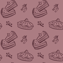 Delightful dessert pattern featuring a variety of cakes and pies on a muted background
