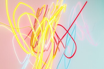 Abstract neon line composition on a white background emphasizes fluid motion and modern design, perfect for creative projects.