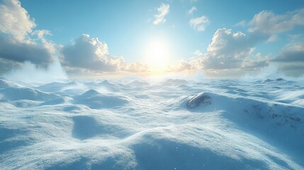 Serene winter landscape with soft snow-covered hills under a bright sun and fluffy clouds
