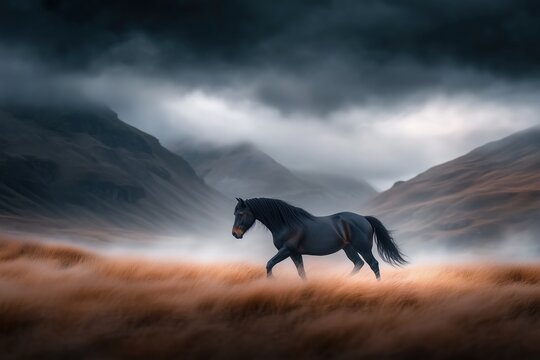 Majestic black horse walking through a misty meadow surrounded by mountains under a stormy sky. Evocative of freedom and strength.