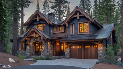 Naklejka premium Rustic mountain home at dusk