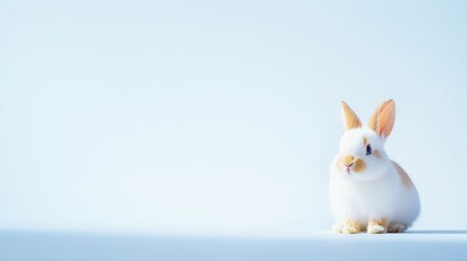 Obraz premium White rabbit sitting on a blue surface with fluffy fur and bright eyes looking around in a calm environment