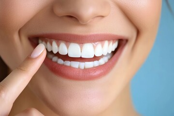 Fototapeta premium Smiling woman pointing at her white teeth