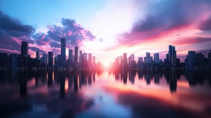 Fototapeta premium Futuristic city skyline at sunset with vibrant colors and dramatic cloud formations in the background