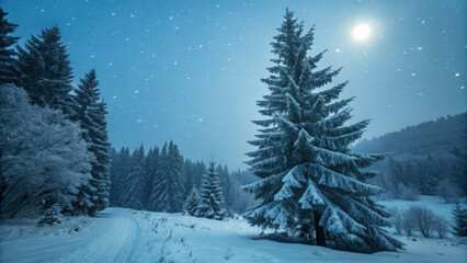 Fototapeta premium Enchanting winter night in deep forest with snow covered trees