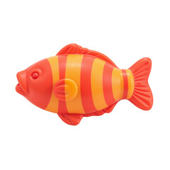 Image of a cute plastic toy fish with red and orange stripes, isolated on a cut out background.