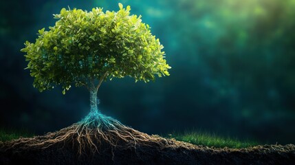 Young tree roots glowing, forest background, nature growth, environmental poster