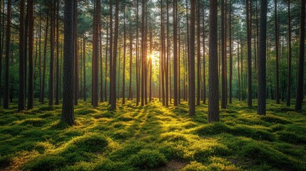 Fototapeta premium Serene forest landscape at sunset with tall trees and lush green undergrowth, peaceful ambiance