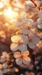 Beautiful cherry blossom flowers in soft sunlight, creating a serene spring atmosphere