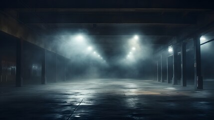 Moody and cinematic parking garage interior with dramatic lighting creating a misty atmospheric environment  This underground urban scene features a modern